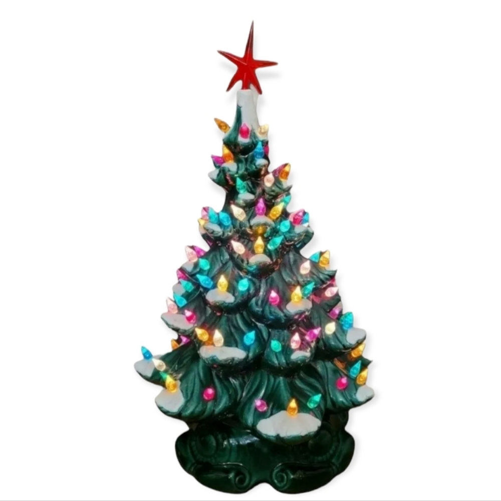 Vintage 17" Ceramic Snow Tipped Christmas Tree Lighted With Scroll Base